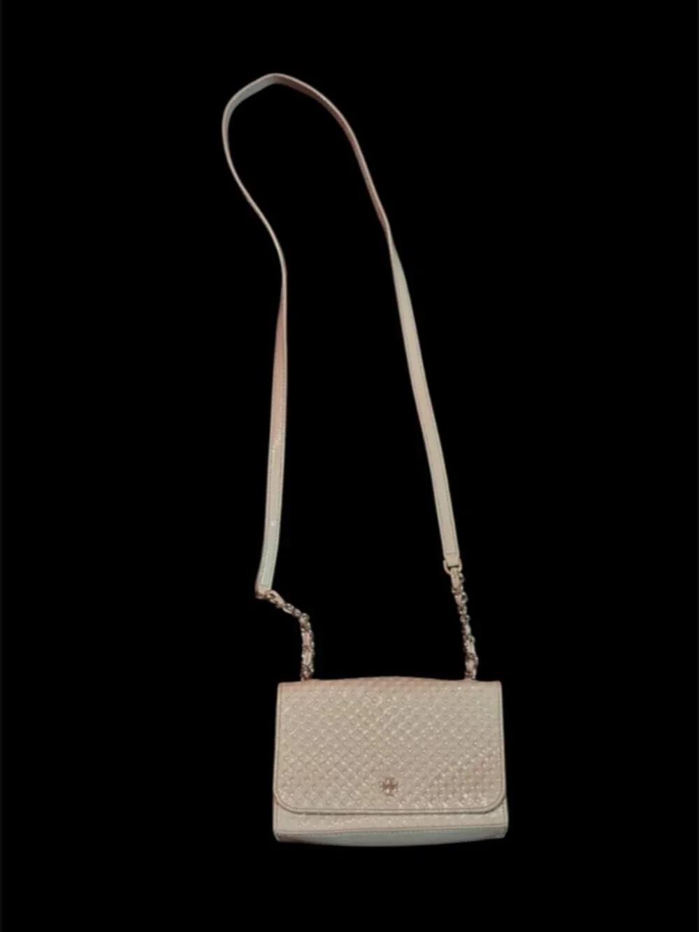 Tory Burch Marion Embossed Diamond Pattern Pink Patent Leather Gold Hardware